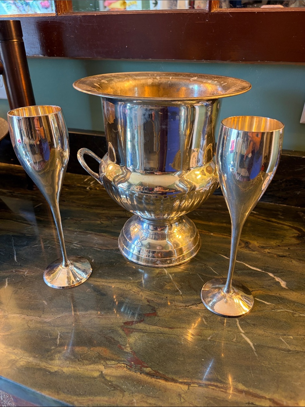 Silverplate Champagne set, ice bucket and flutes